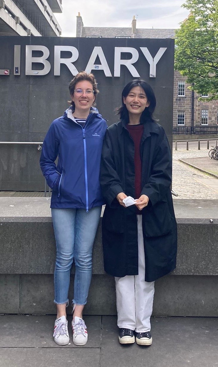 The Film Dispatch founder Niamh and social media manager Kunlin in front of the main library in George Square