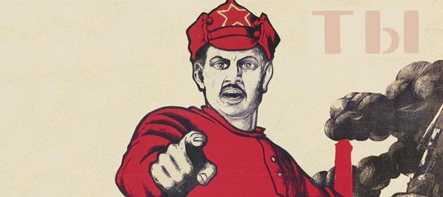 Red Army poster featuring a Soviet solider mid-shout, pointing towards us