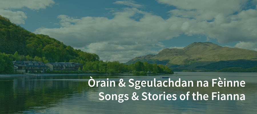 a loch on a sunny day with event title overlaid in English and Gaelic