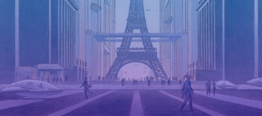 Detail from a graphic novel showing the Eiffel Tower in an imagined futuristic cityscape